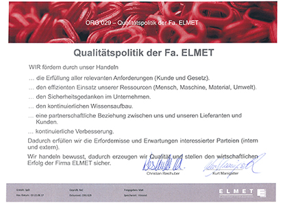 Zertifikat für Qualitätspolitik der Firma ELMET
