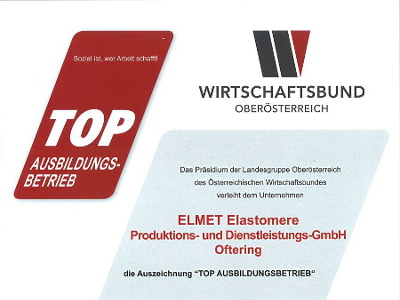 ELmet Elastomer - TOP training company award in Oftering (Upper Austria - Linz) from the austrian economy assosiation